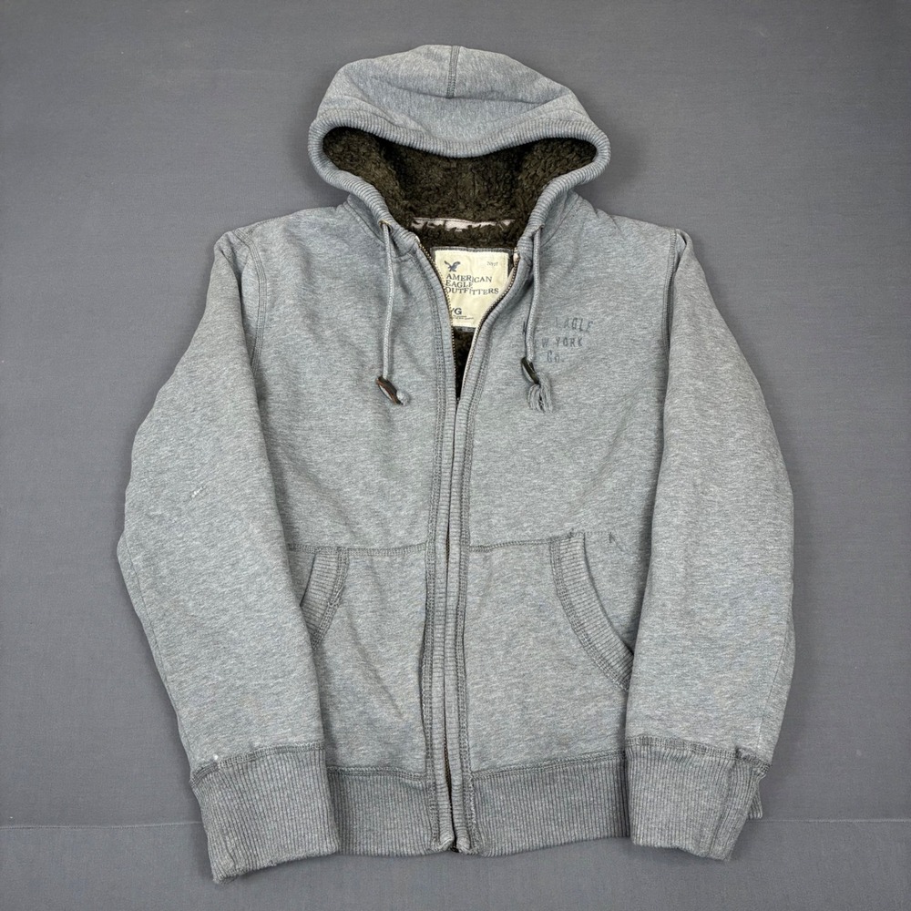 Y2K American Eagle Gray Sherpa Fur Lined Full Zip Hoodie Men's Size Large